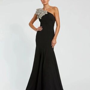 Mac Duggal Black One-Shoulder Gown with Silver Embellishment 11810 MSRP $698